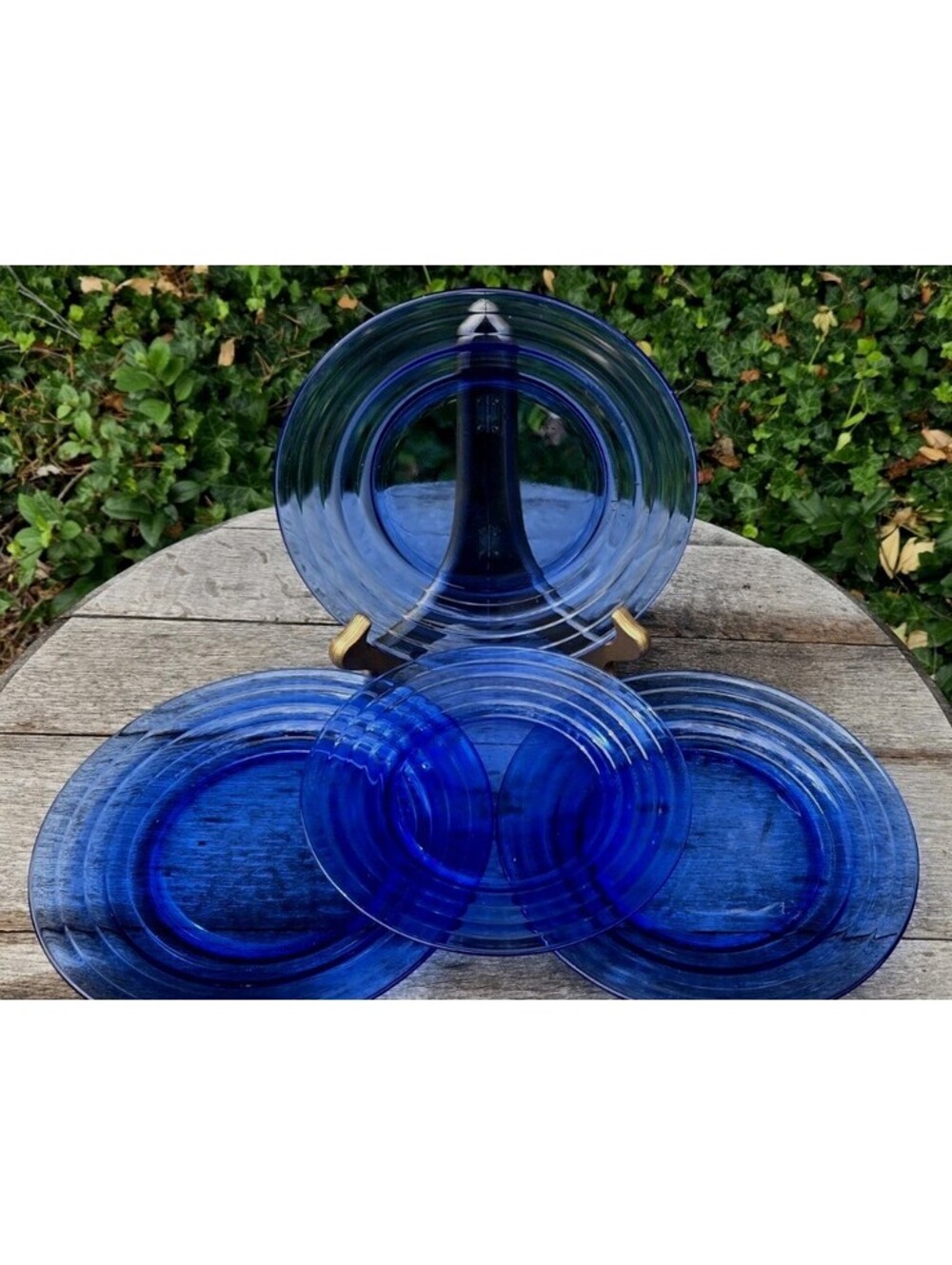 4 Vintage Hazel-Atlas 1 8" &3 9" Glass Plates, Moderntone Cobalt Blue Read